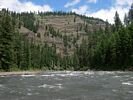 A minor rapid with tree-lined shores