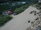 Looking down on rafts and people at Solitude Camp, Middle Fork of the Salmon